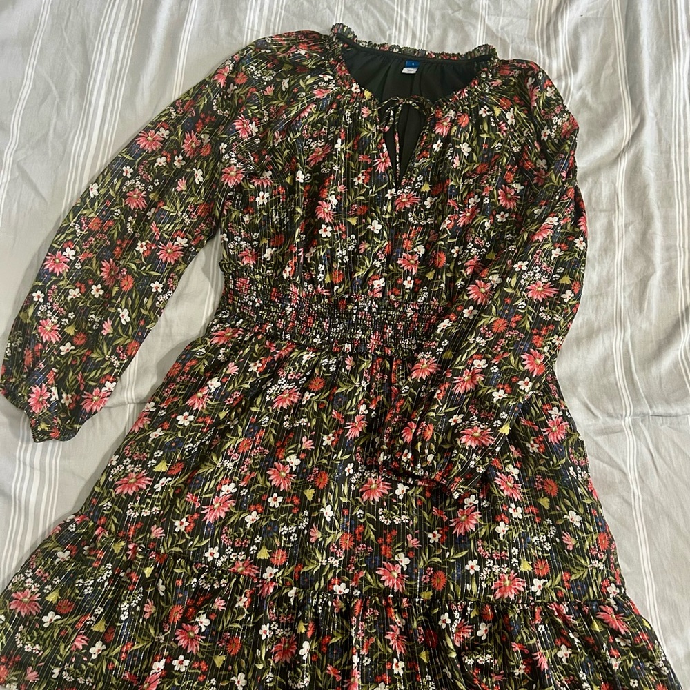 Old Navy Waist Defined Shine Mini Dress Black Floral Metallic Gold‎